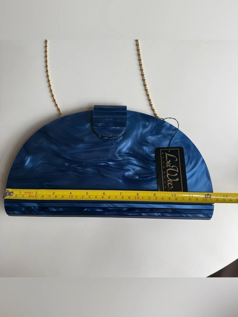 Vintage Lee Wee Hand Bag Unique Blue Marble Acrylic Half Moon Purse Gold Chain - Picture 13 of 16
